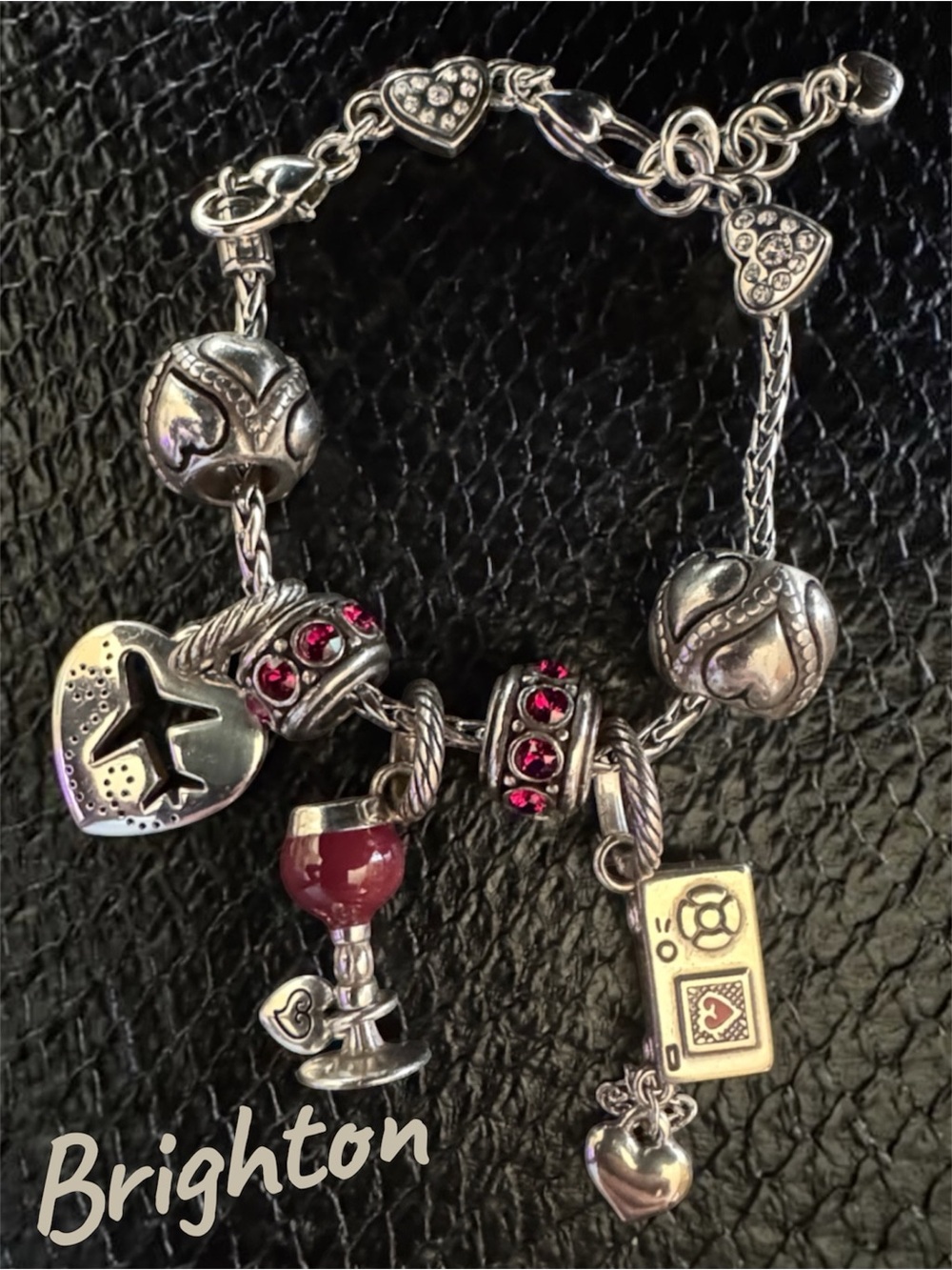 Brighton Bracelet-Burgundy Wine, Camera, Airplane Charm, Spacers & Glitz Beads